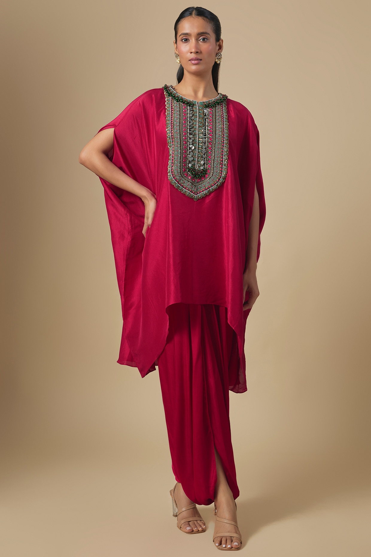 Prisho Cherry Red Silk Mukesh Embroidered Kaftan Set