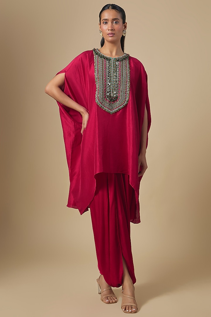 Cherry Red Silk Mukesh Embroidered Kaftan Set by Prisho at Pernia's Pop Up Shop