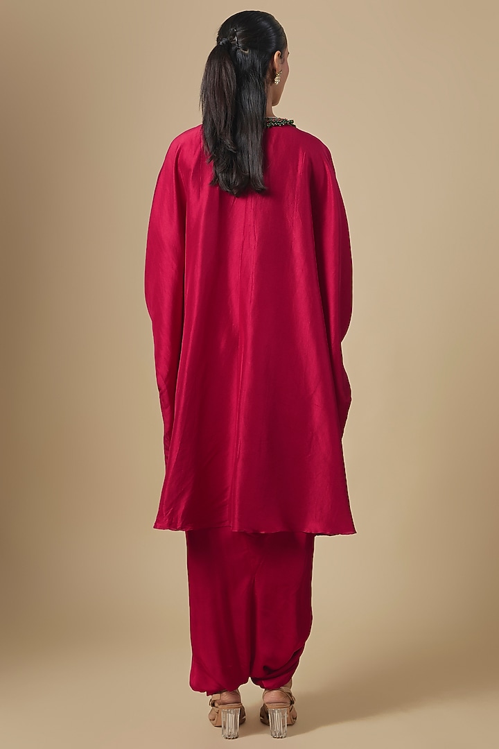 Cherry Red Silk Mukesh Embroidered Kaftan Set by Prisho at Pernia's Pop Up Shop
