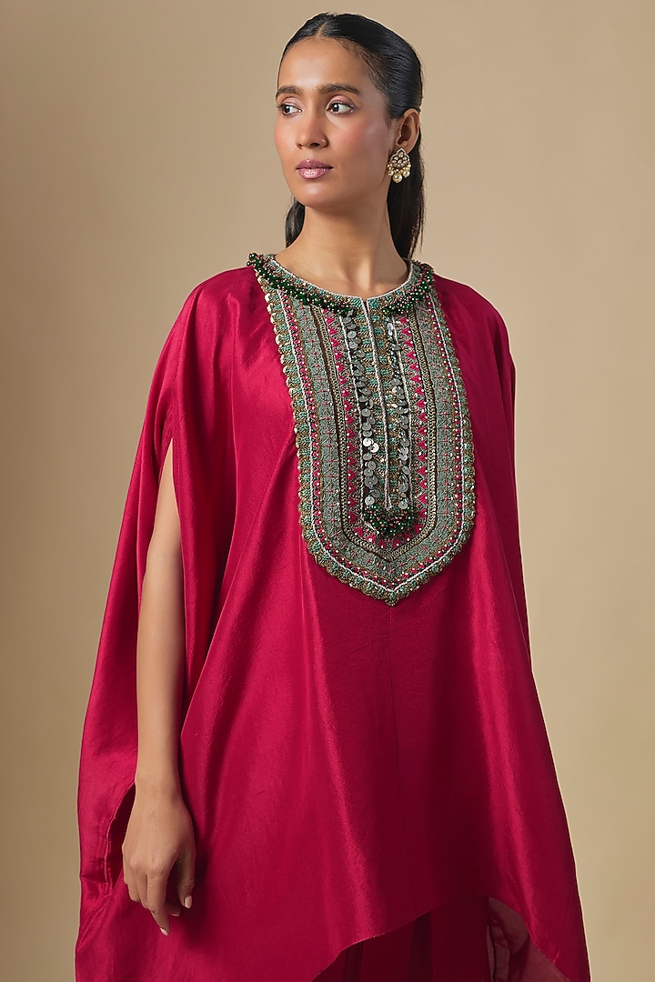 Cherry Red Silk Mukesh Embroidered Kaftan Set by Prisho at Pernia's Pop Up Shop