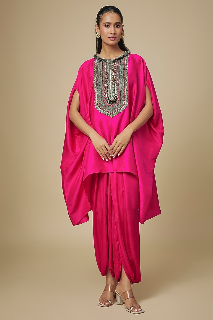 Cherry Red Silk Dori & Thread Work Kaftan Set by Prisho at Pernia's Pop Up Shop