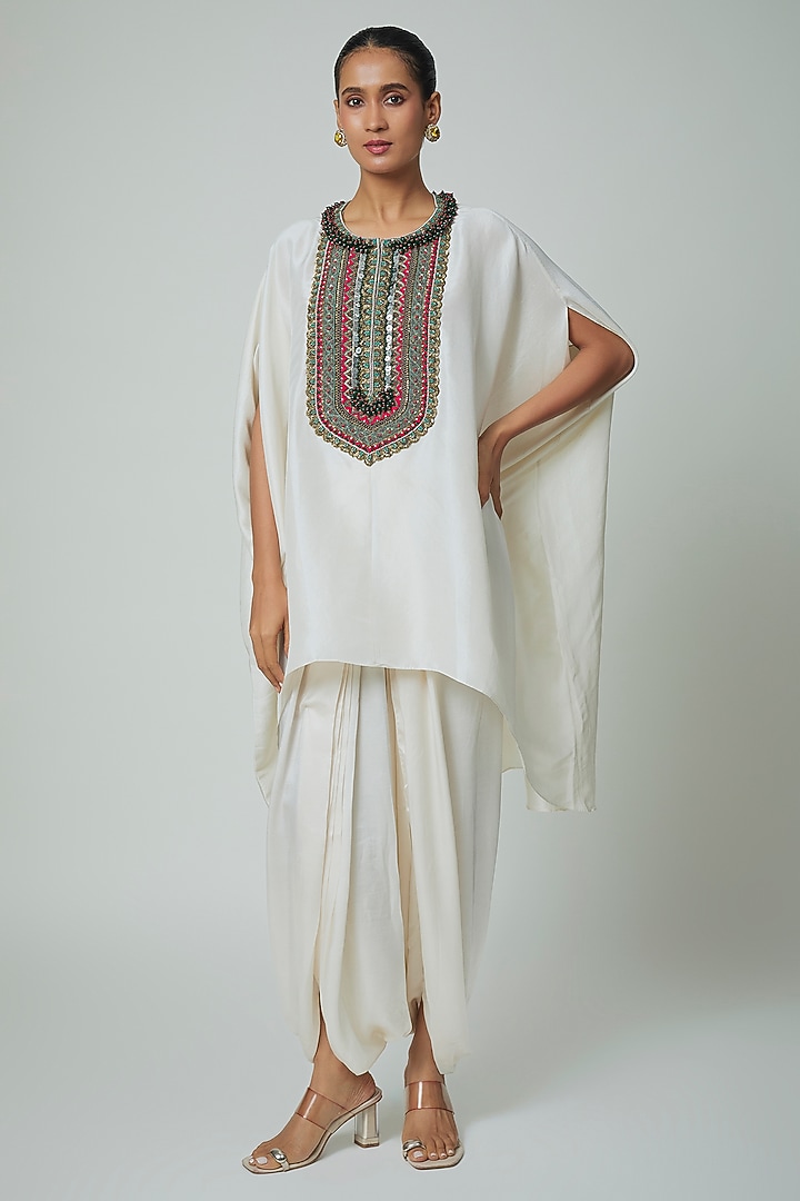 Ivory Silk Dori & Thread Work Kaftan Set by Prisho at Pernia's Pop Up Shop