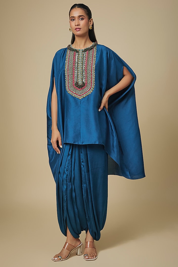 Blue Silk Embroidered Kaftan Set by Prisho at Pernia's Pop Up Shop