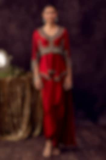 Cherry Red Chanderi Dori Embroidered Co-Ord Set by Prisho at Pernia's Pop Up Shop