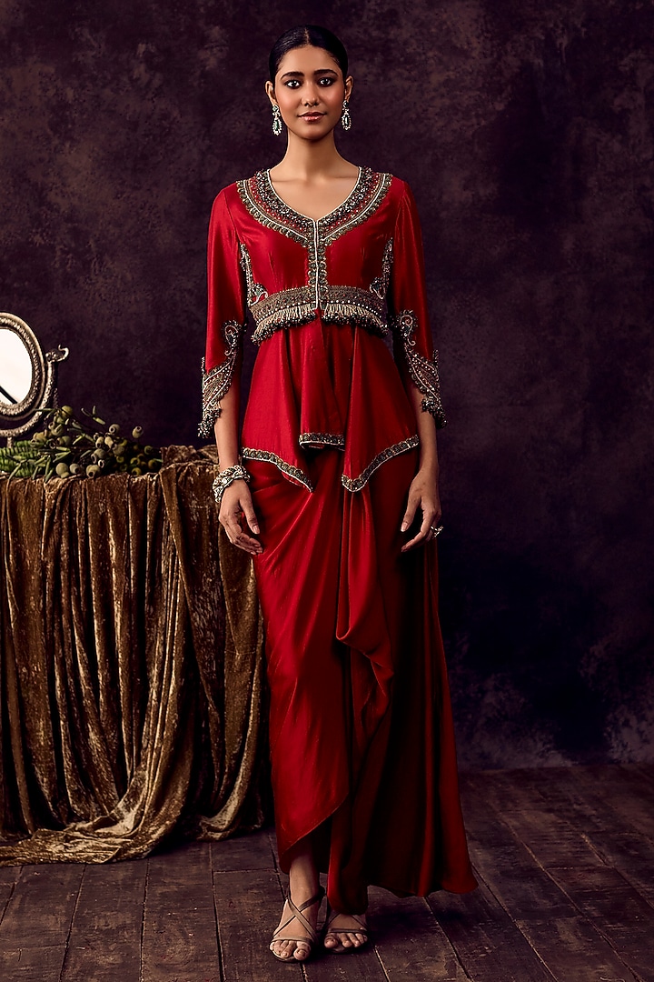 Cherry Red Chanderi Dori Embroidered Co-Ord Set by Prisho at Pernia's Pop Up Shop