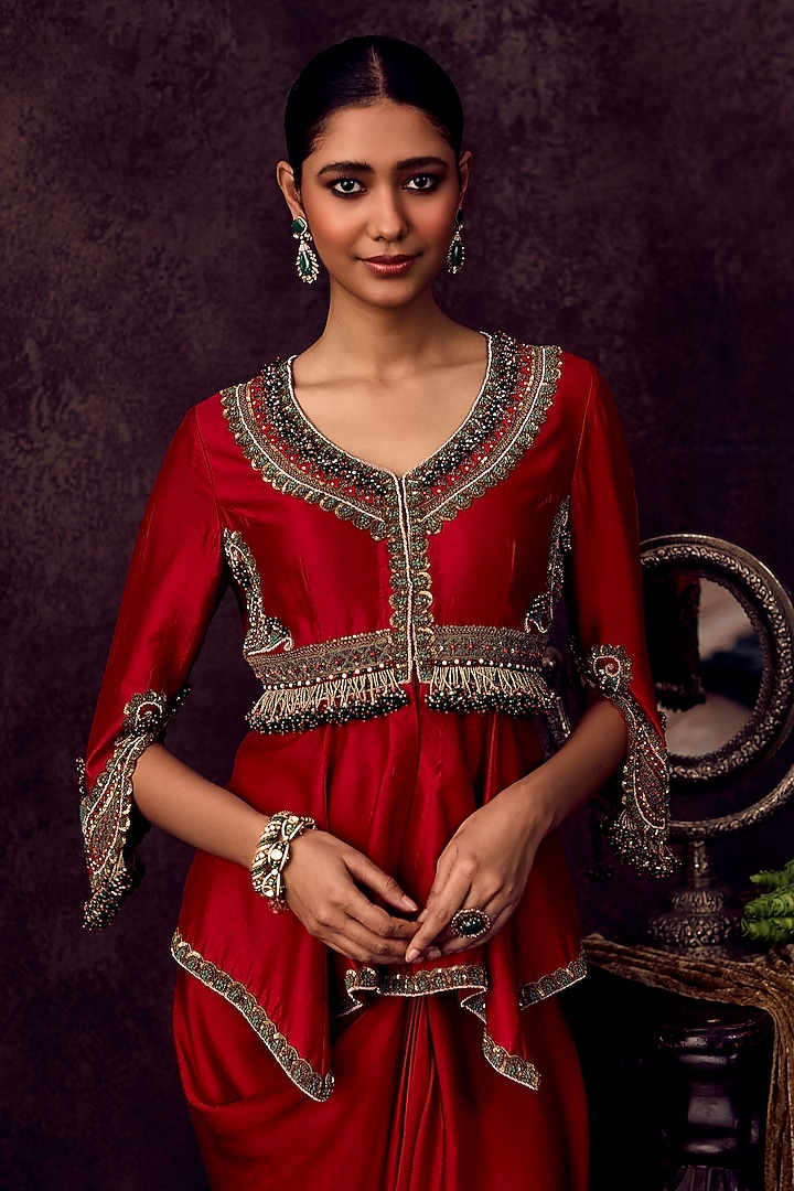 Cherry Red Chanderi Dori Embroidered Co-Ord Set by Prisho at Pernia's Pop Up Shop