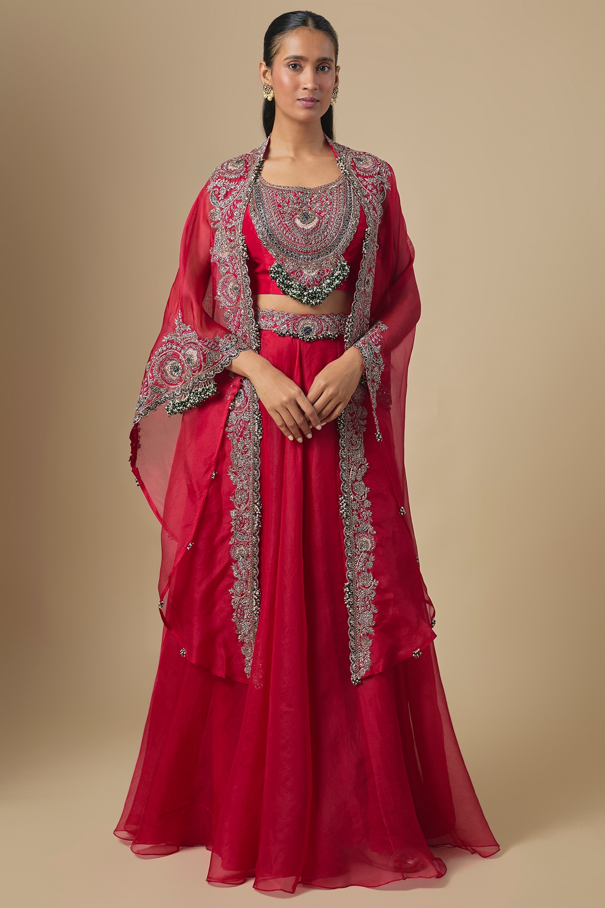 Prisho Cherry Red Organza Maal Embroidered Cape Set