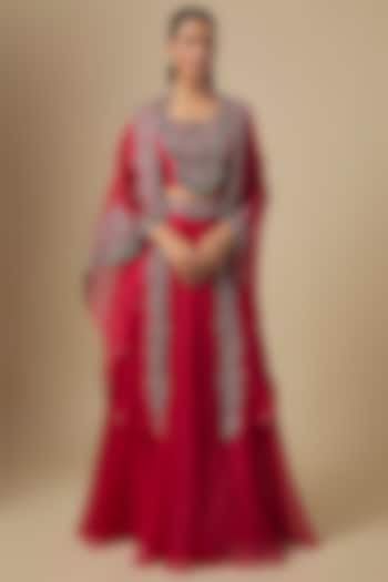 Cherry Red Organza Maal Embroidered Cape Set by Prisho at Pernia's Pop Up Shop