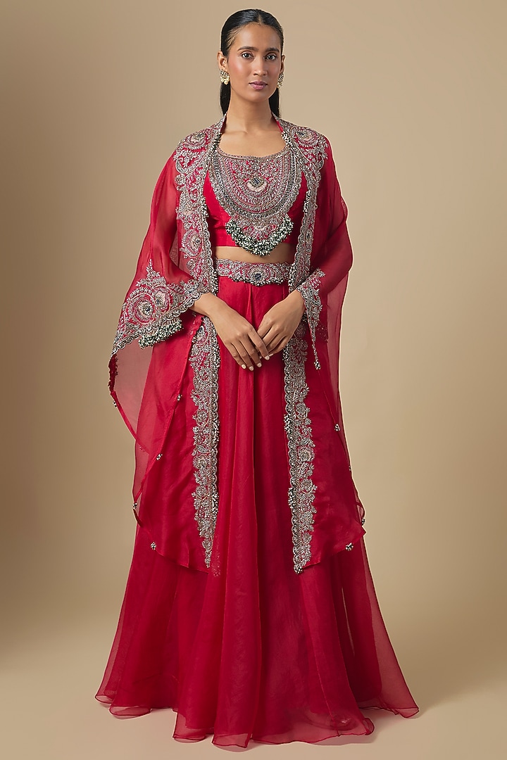 Cherry Red Organza Maal Embroidered Cape Set by Prisho at Pernia's Pop Up Shop