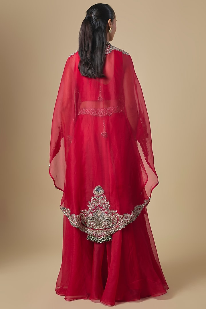 Cherry Red Organza Maal Embroidered Cape Set by Prisho at Pernia's Pop Up Shop