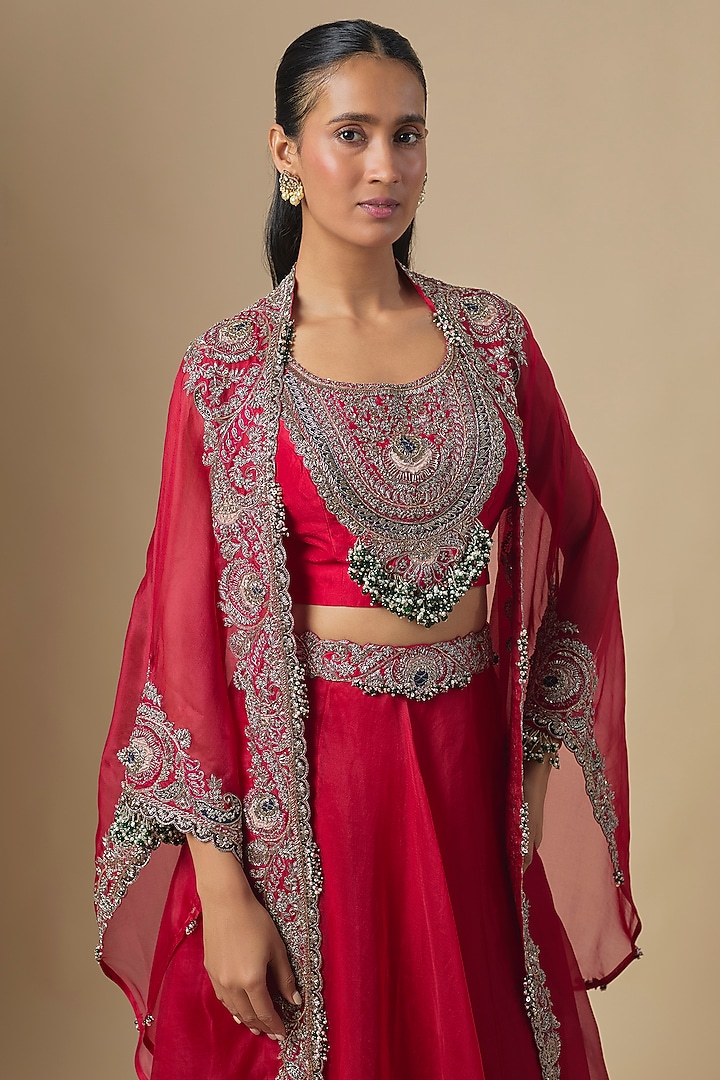 Cherry Red Organza Maal Embroidered Cape Set by Prisho at Pernia's Pop Up Shop