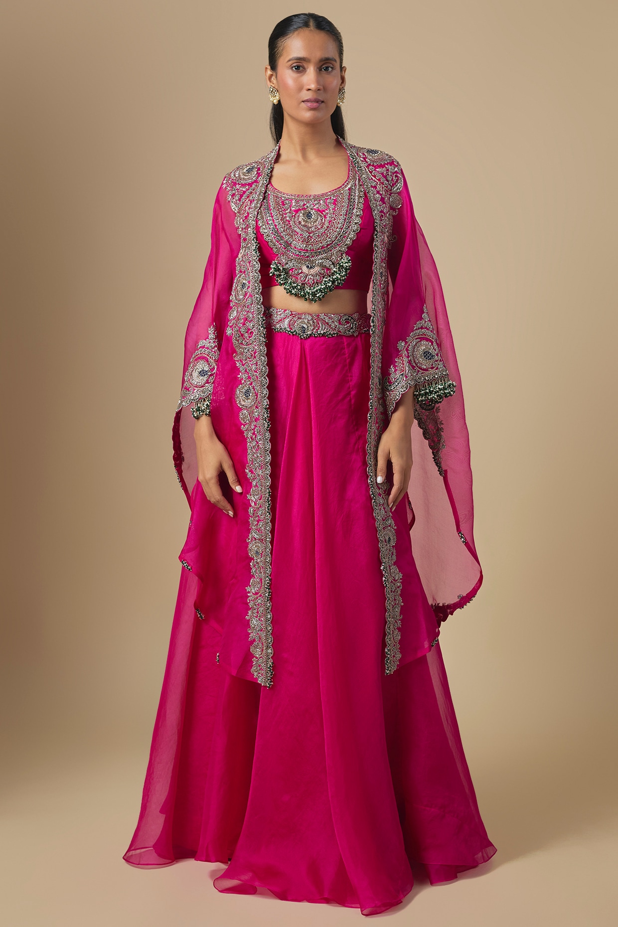 Prisho Fuchsia Organza Maal Embroidered Cape Set