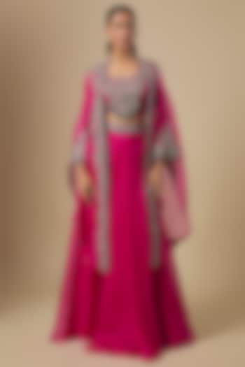 Fuchsia Organza Maal Embroidered Cape Set by Prisho at Pernia's Pop Up Shop