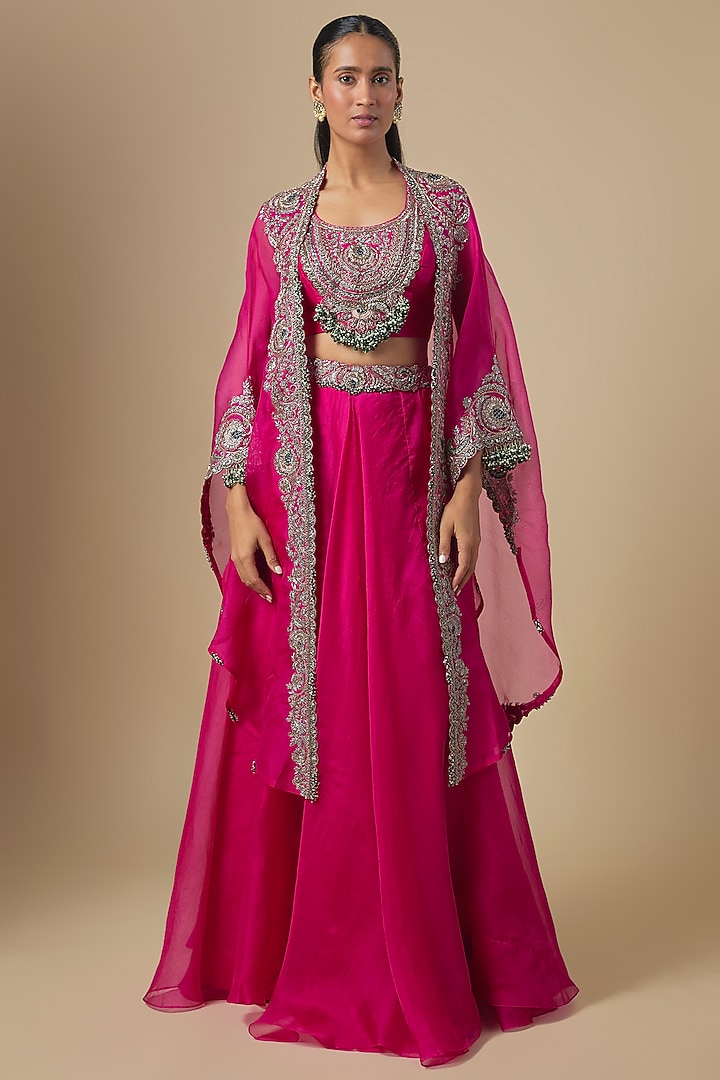 Fuchsia Organza Maal Embroidered Cape Set by Prisho at Pernia's Pop Up Shop