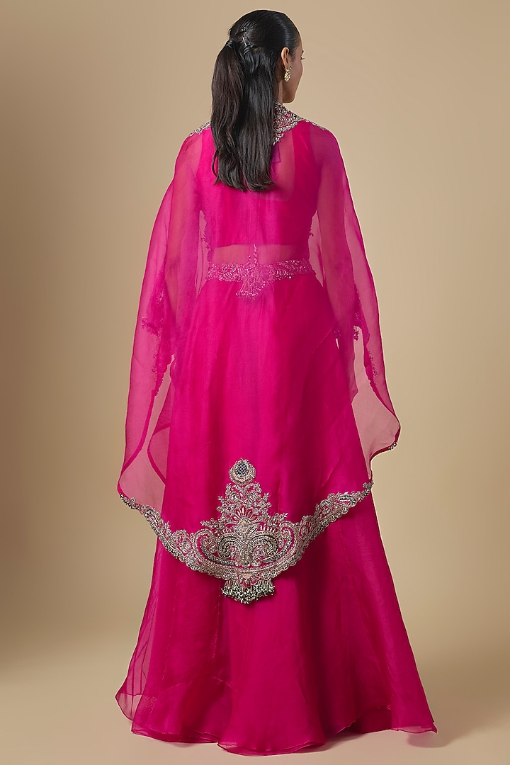 Fuchsia Organza Maal Embroidered Cape Set by Prisho at Pernia's Pop Up Shop