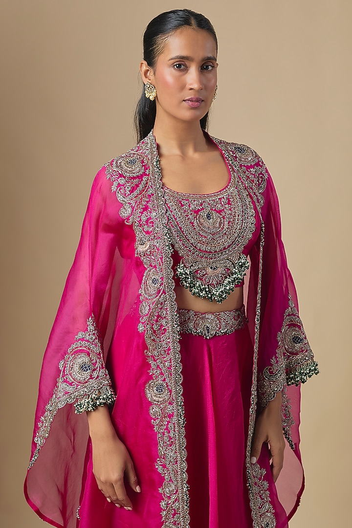 Fuchsia Organza Maal Embroidered Cape Set by Prisho at Pernia's Pop Up Shop