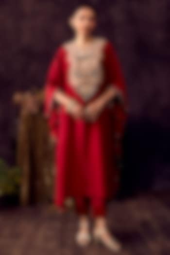Cherry Red Silk Mukesh Embroidered Kaftan Set by Prisho at Pernia's Pop Up Shop