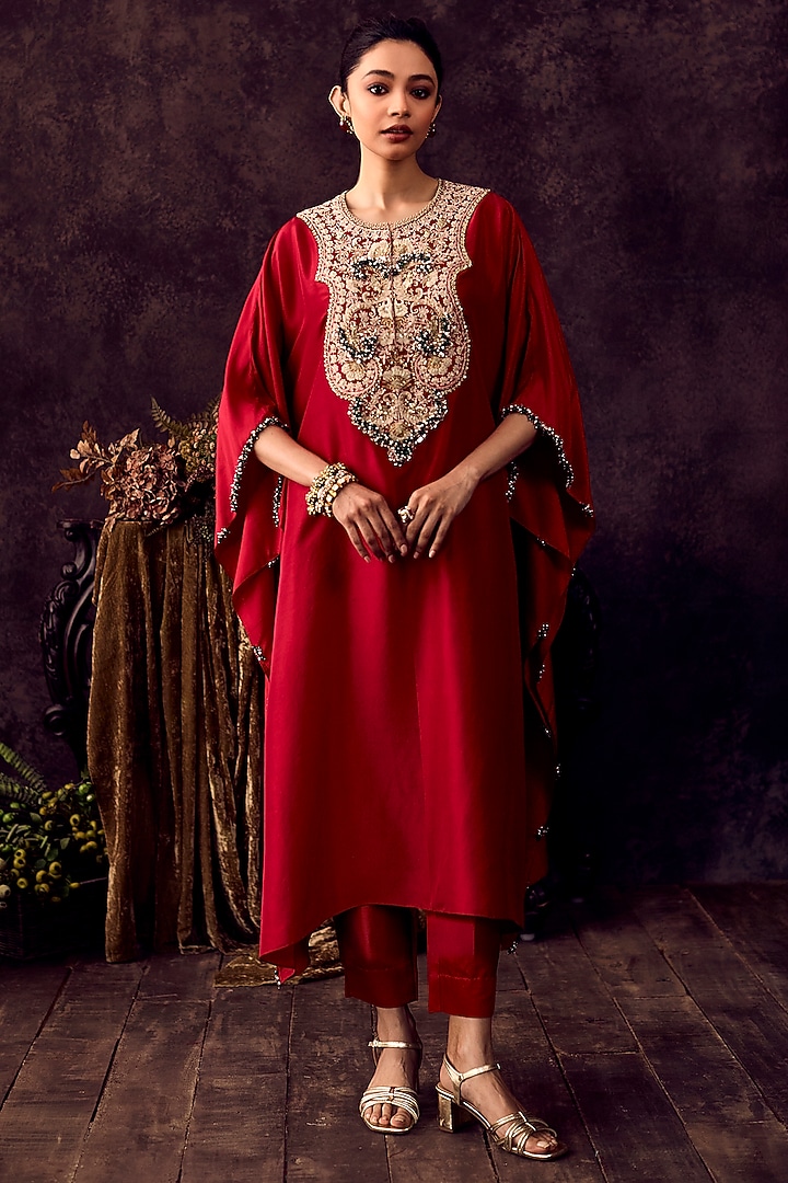 Cherry Red Silk Mukesh Embroidered Kaftan Set by Prisho at Pernia's Pop Up Shop