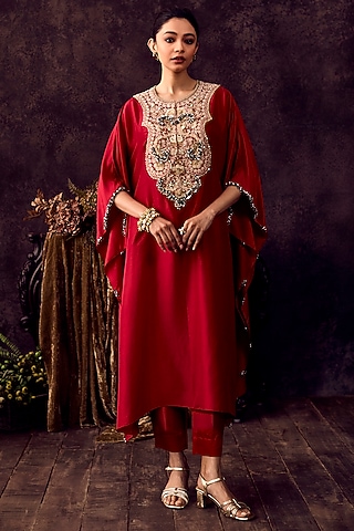 Cherry Red Silk Mukesh Embroidered Kaftan Set by Prisho