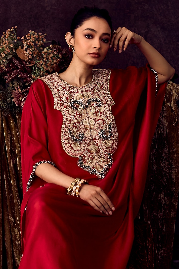 Cherry Red Silk Mukesh Embroidered Kaftan Set by Prisho at Pernia's Pop Up Shop