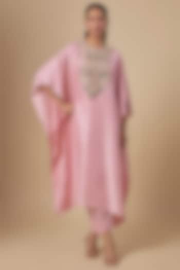 Dark Flamingo Silk Mukaish Embroidered Kaftan Set by Prisho at Pernia's Pop Up Shop
