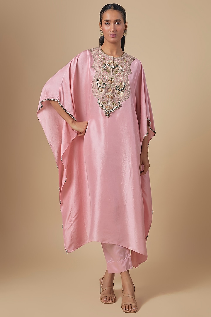 Dark Flamingo Silk Mukaish Embroidered Kaftan Set by Prisho at Pernia's Pop Up Shop