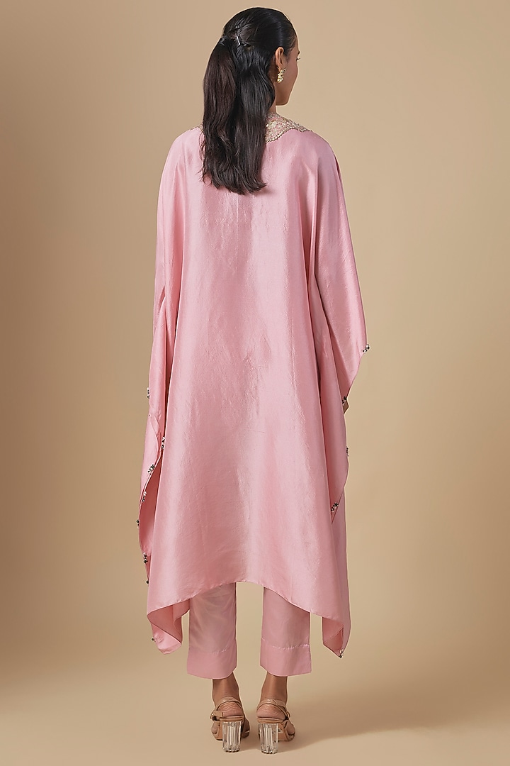 Dark Flamingo Silk Mukaish Embroidered Kaftan Set by Prisho at Pernia's Pop Up Shop