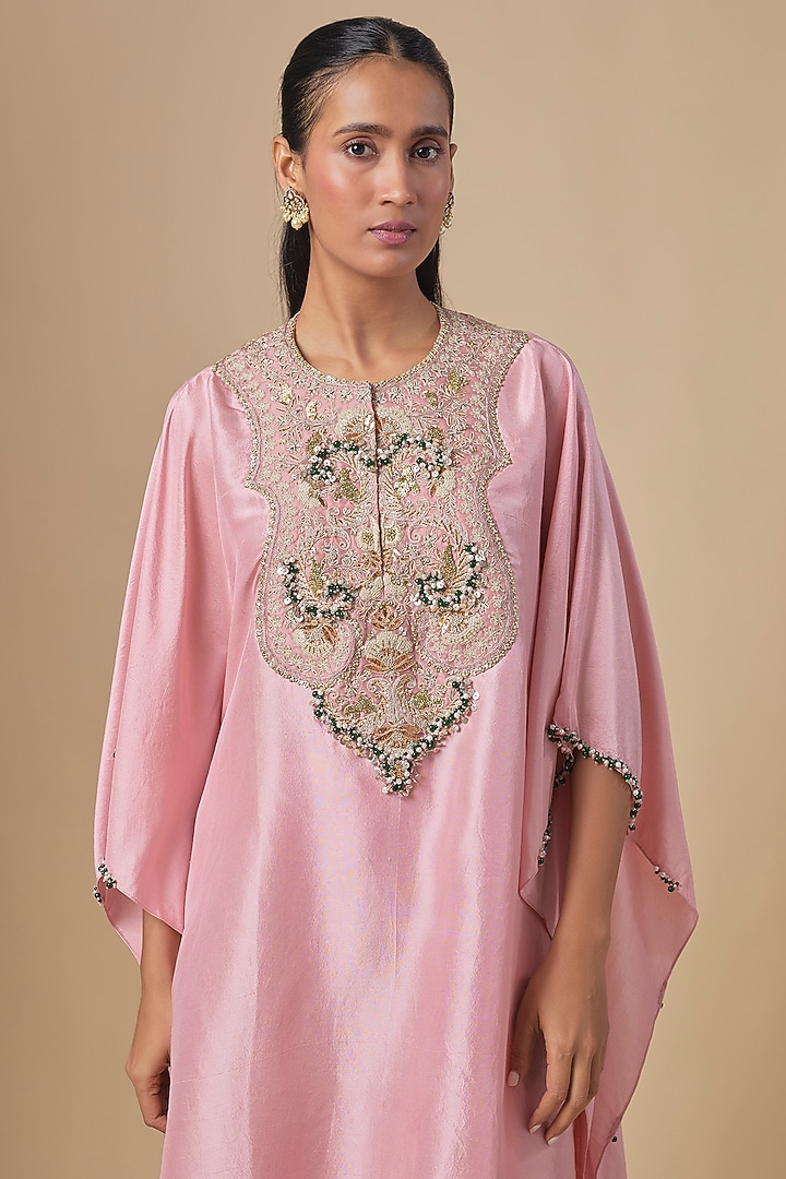Dark Flamingo Silk Mukaish Embroidered Kaftan Set by Prisho at Pernia's Pop Up Shop
