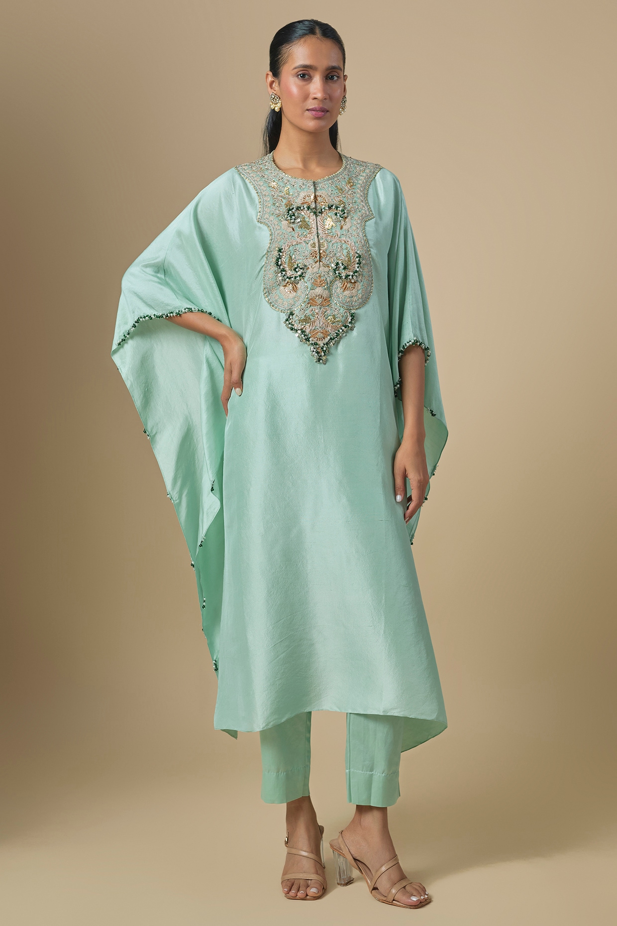 Prisho Aqua Silk Mukaish Embroidered Kaftan Set