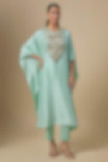 Aqua Silk Mukaish Embroidered Kaftan Set by Prisho at Pernia's Pop Up Shop