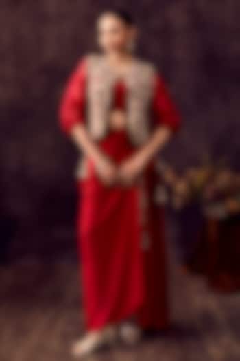 Cherry Red Silk Moti Embroidered Jacket Set by Prisho at Pernia's Pop Up Shop