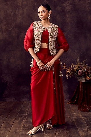 Cherry Red Silk Moti Embroidered Jacket Set by Prisho