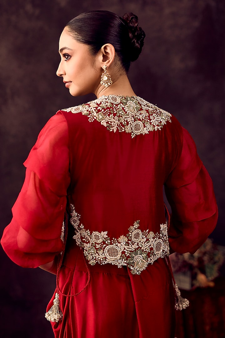 Cherry Red Silk Moti Embroidered Jacket Set by Prisho at Pernia's Pop Up Shop