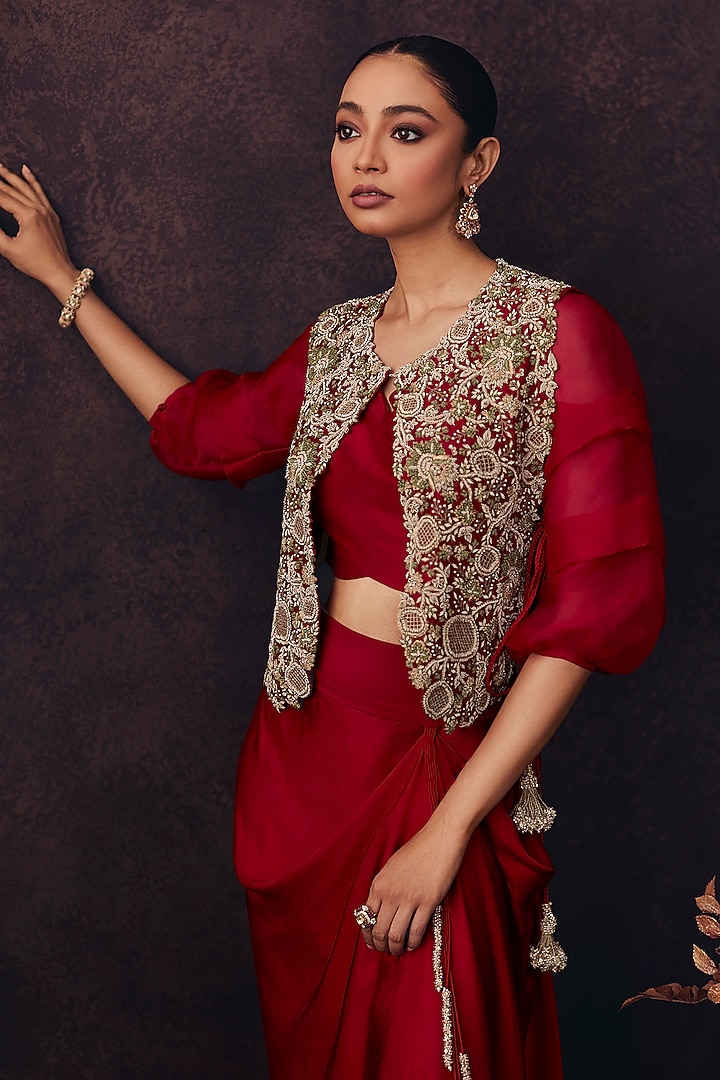 Cherry Red Silk Moti Embroidered Jacket Set by Prisho at Pernia's Pop Up Shop