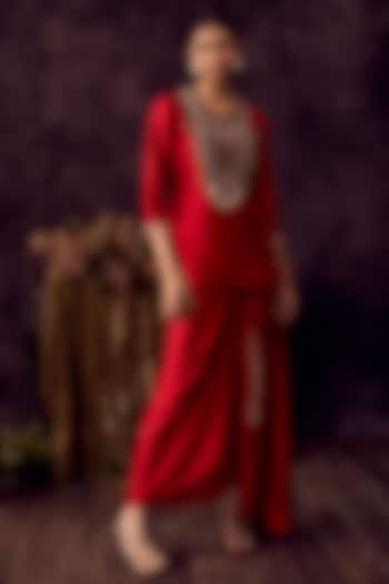 Cherry Red Silk Dori Embroidered Kurta Set by Prisho at Pernia's Pop Up Shop