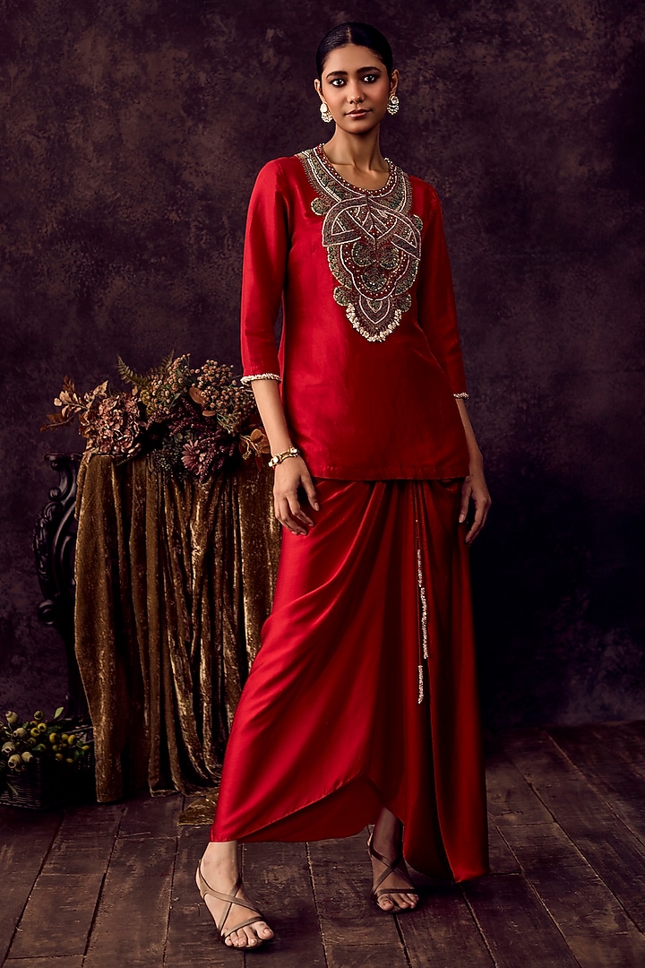 Cherry Red Silk Dori Embroidered Kurta Set by Prisho at Pernia's Pop Up Shop