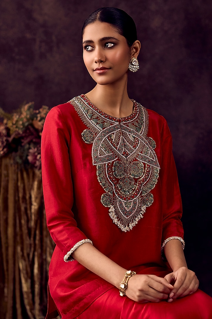 Cherry Red Silk Dori Embroidered Kurta Set by Prisho at Pernia's Pop Up Shop