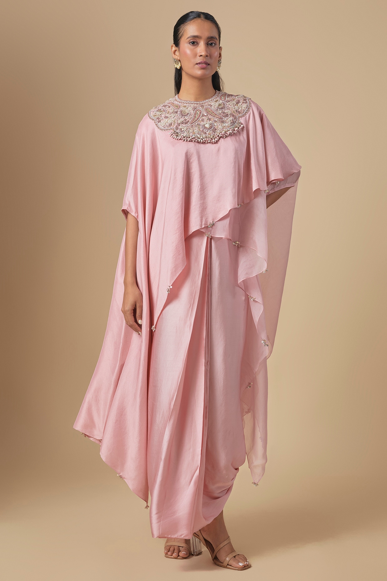 Prisho Dark Flamingo Silk Organza Gota Embroidered Kaftan Set