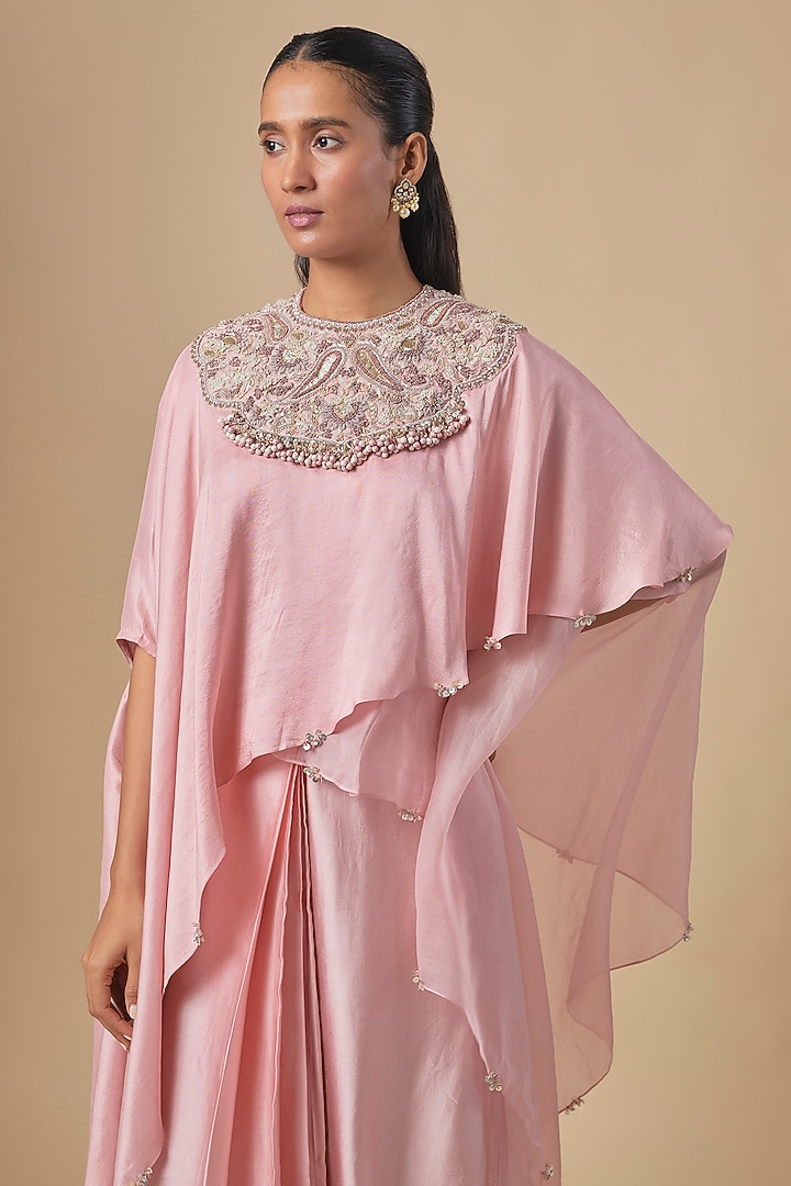 Dark Flamingo Silk Organza Gota Embroidered Kaftan Set by Prisho at Pernia's Pop Up Shop