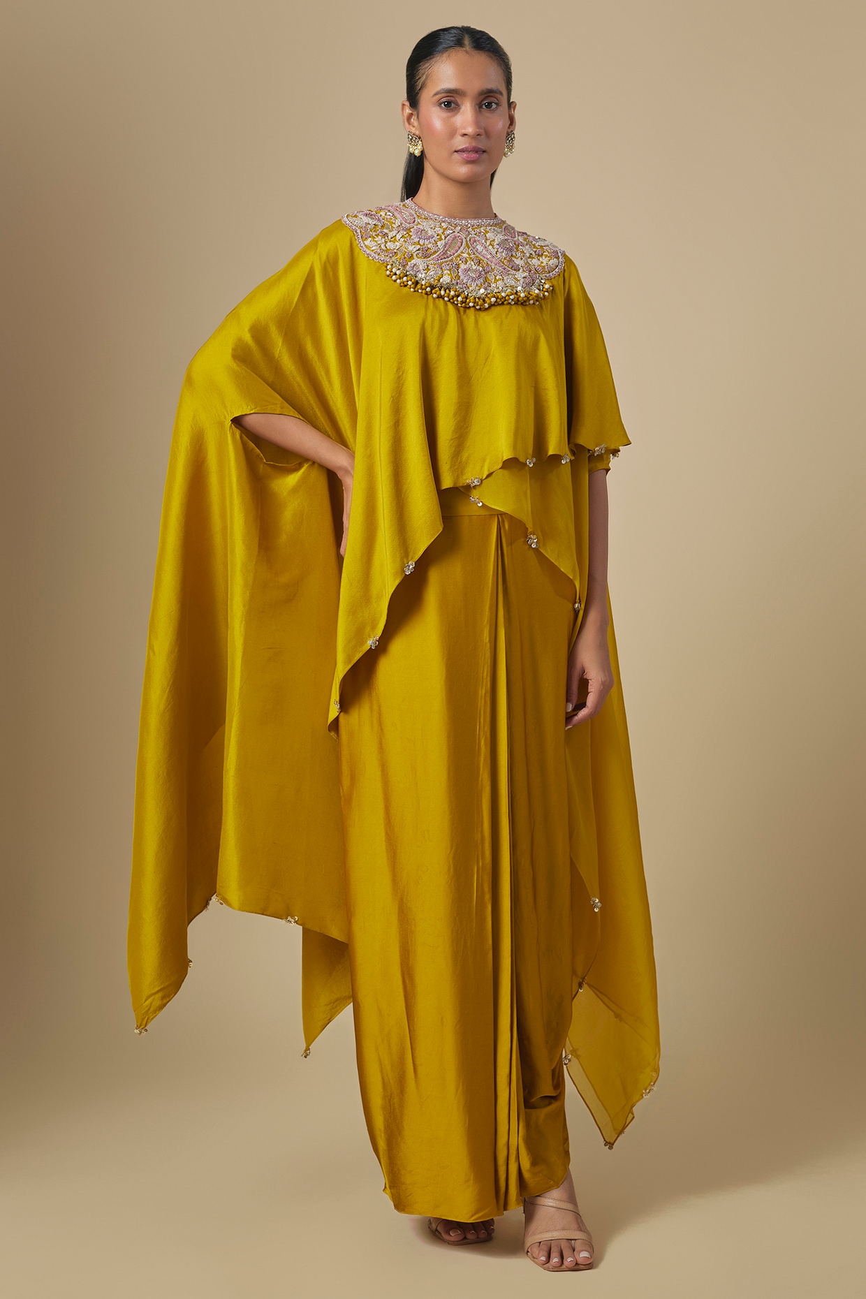 Prisho Mustard Silk Organza Gota Embroidered Kaftan Set