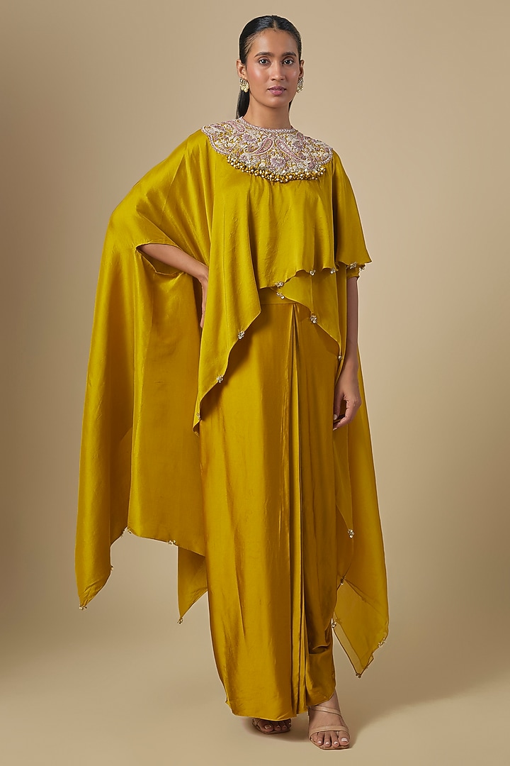 Mustard Silk Organza Gota Embroidered Kaftan Set by Prisho at Pernia's Pop Up Shop