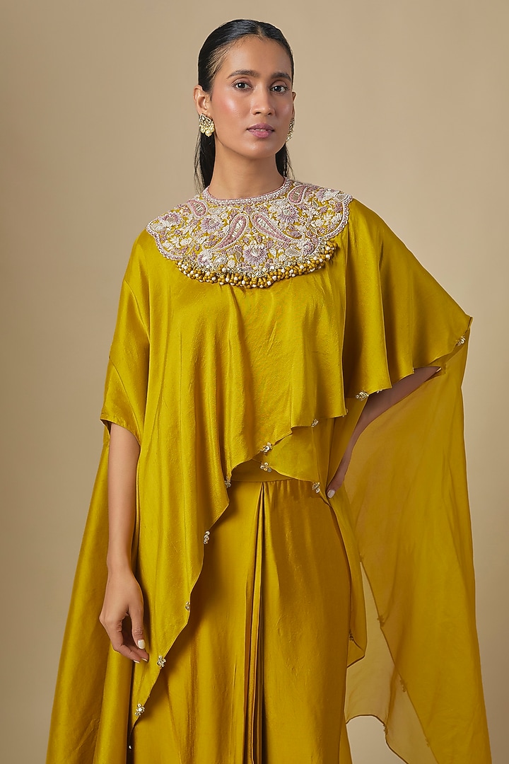 Mustard Silk Organza Gota Embroidered Kaftan Set by Prisho at Pernia's Pop Up Shop