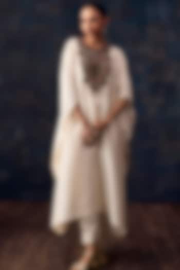 Ivory Silk Dori Embroidered Kaftan Set by Prisho at Pernia's Pop Up Shop
