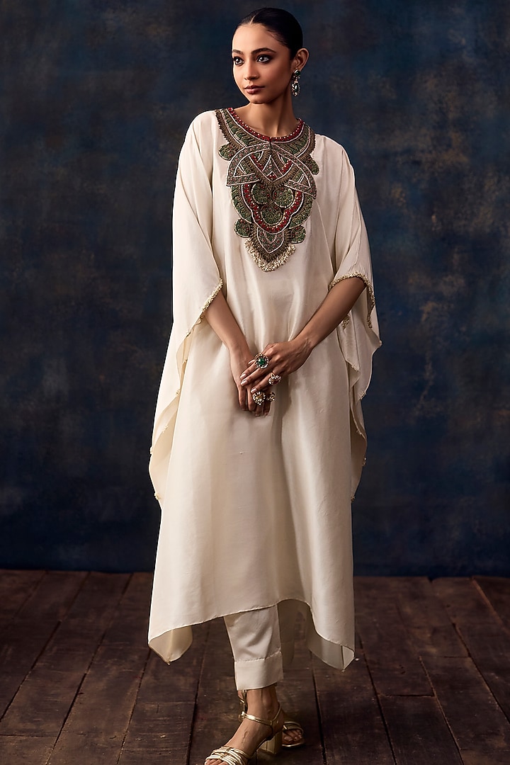 Ivory Silk Dori Embroidered Kaftan Set by Prisho at Pernia's Pop Up Shop