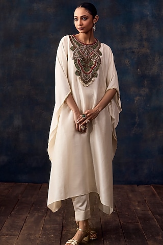 Ivory Silk Dori Embroidered Kaftan Set by Prisho