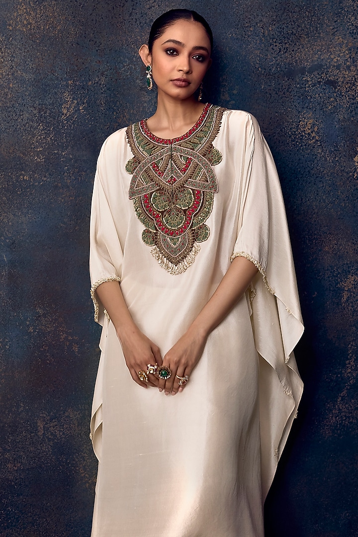 Ivory Silk Dori Embroidered Kaftan Set by Prisho at Pernia's Pop Up Shop