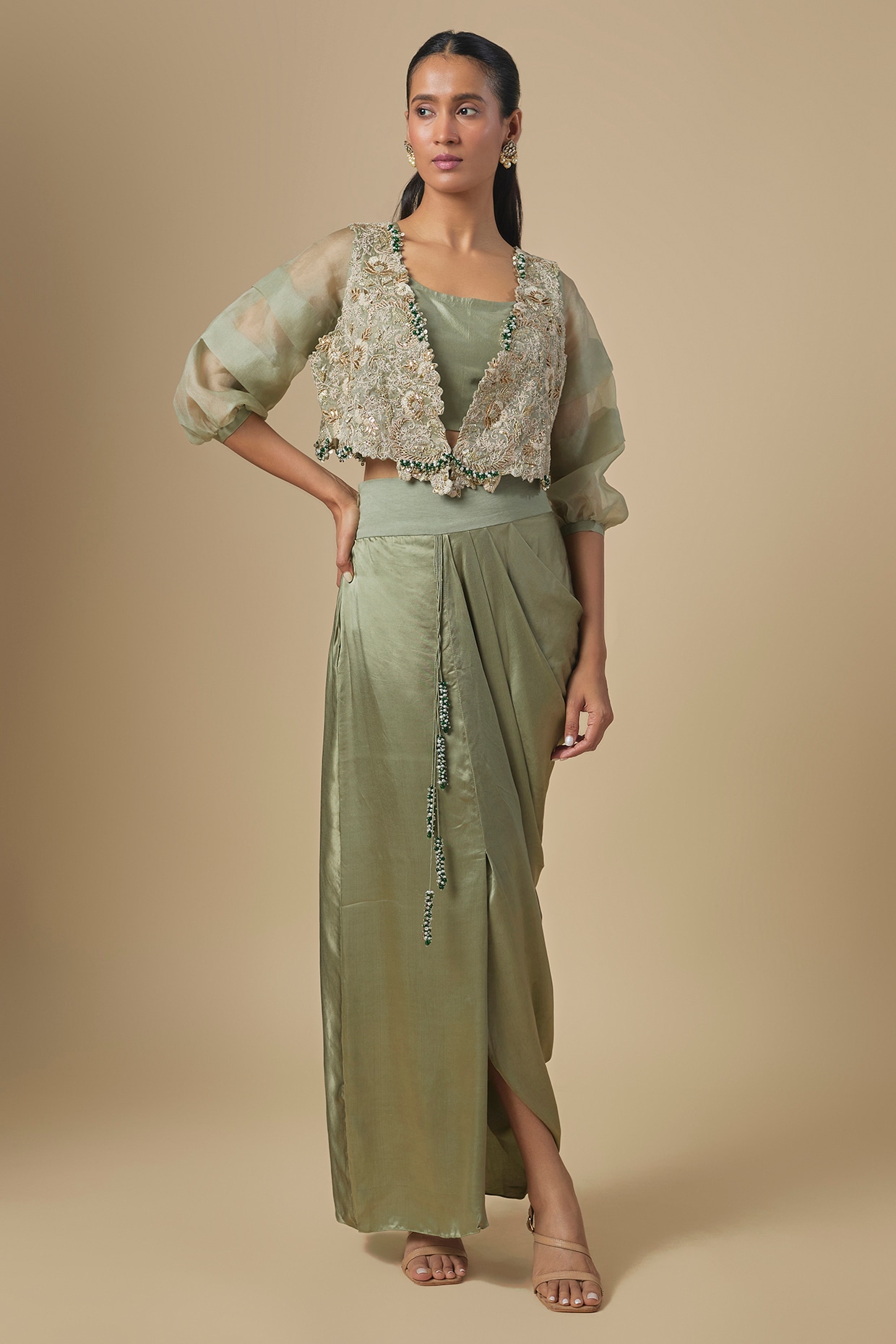 Prisho Sea Green Tissue Mukaish Embroidered Jacket Set