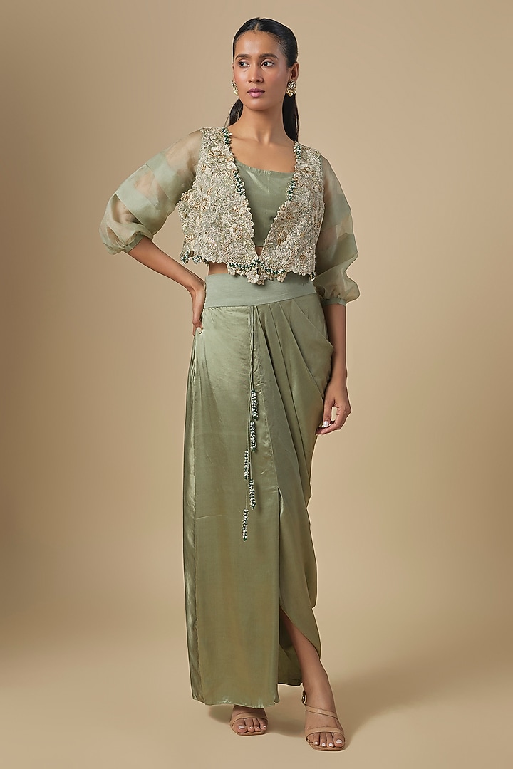 Sea Green Tissue Mukaish Embroidered Jacket Set by Prisho at Pernia's Pop Up Shop