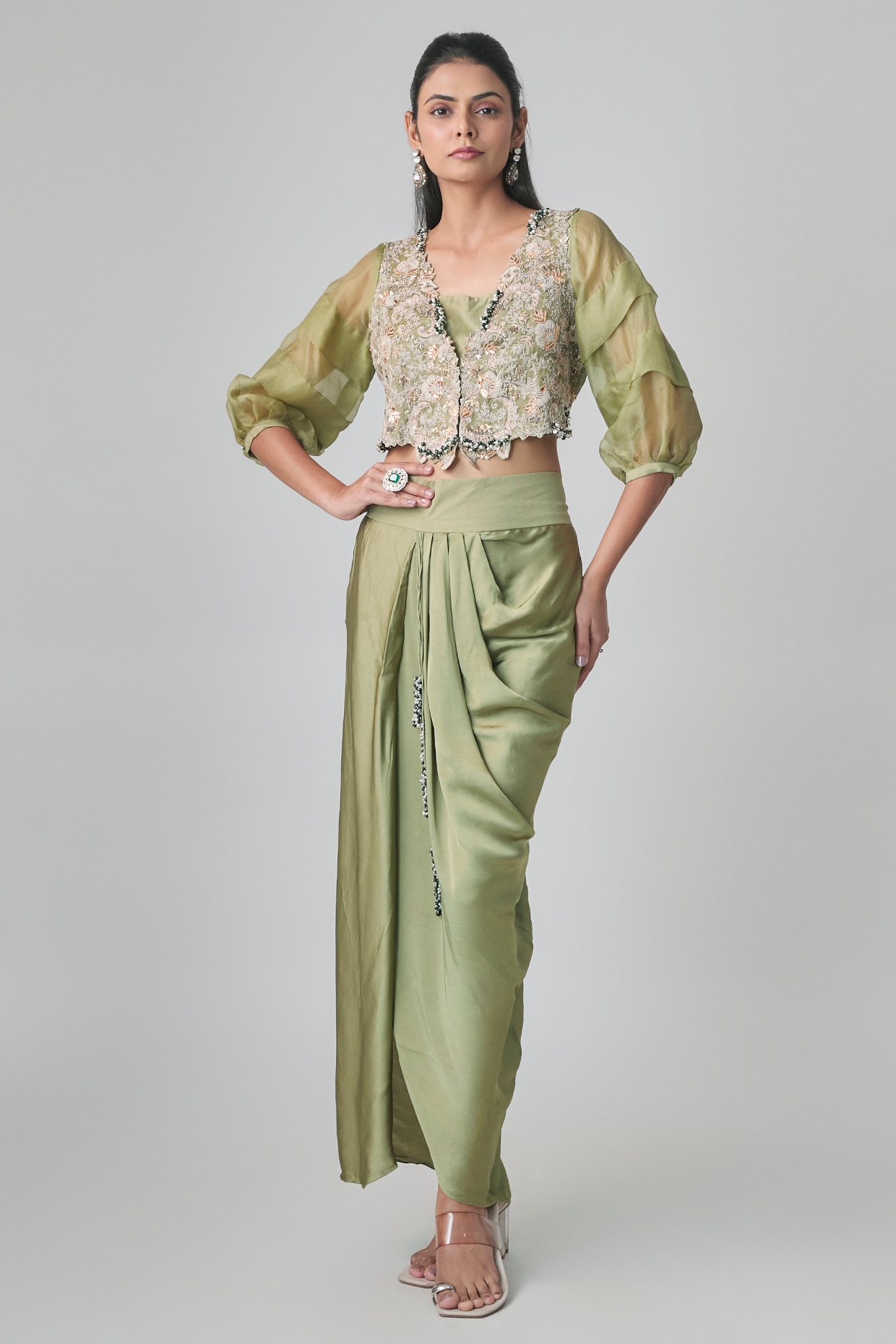 Prisho Sea Green Tissue Resham & Mukaish Embroidered Jacket Set