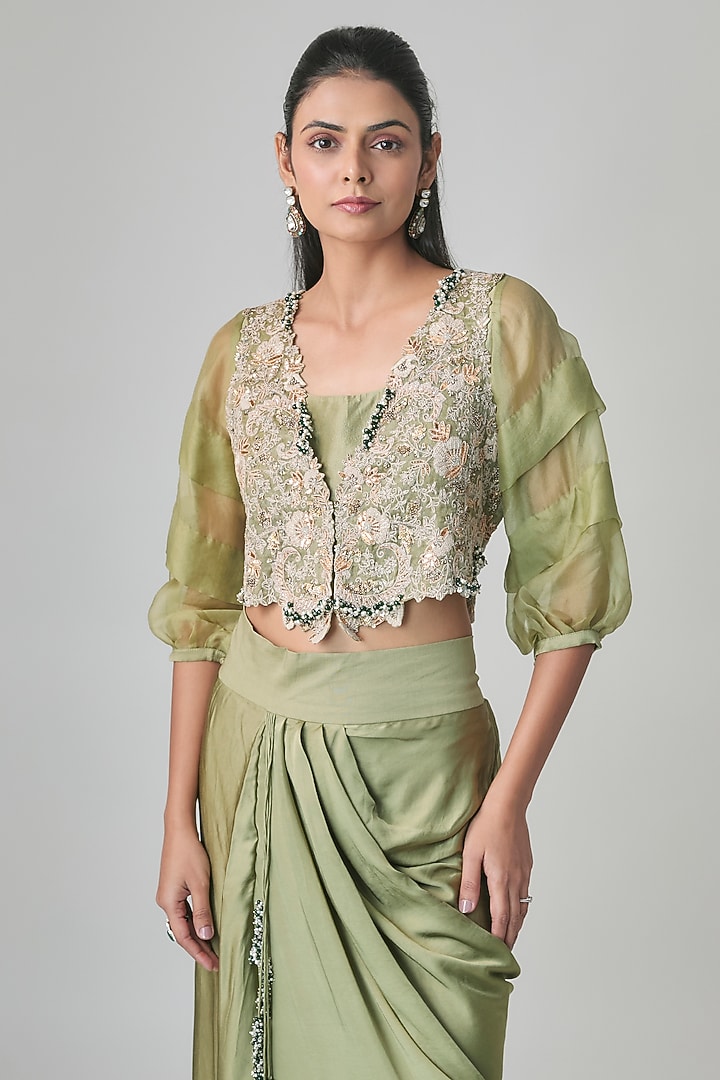 Sea Green Tissue Resham & Mukaish Embroidered Jacket Set by Prisho at Pernia's Pop Up Shop